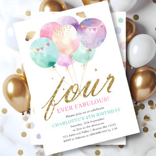 Invitación Cuatro Cumpleaños de Globos Fabulosos para Siempre