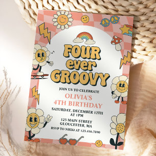 Invitación Cuatro cumpleaños de Groovy Retro Van Pink