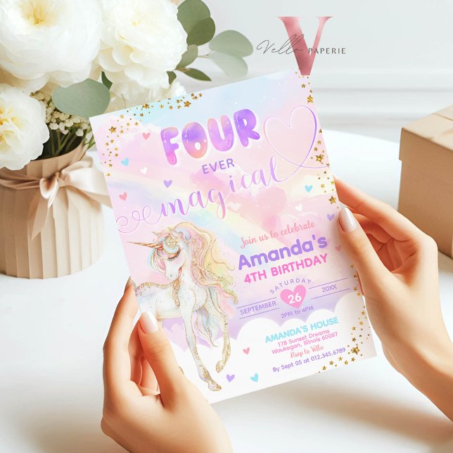 Invitación CUATRO cumpleaños de oro de Rainbow Unicorn nunca  (Subido por el creador)