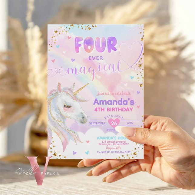 Invitación CUATRO cumpleaños de oro de Rainbow Unicorn nunca  (Subido por el creador)