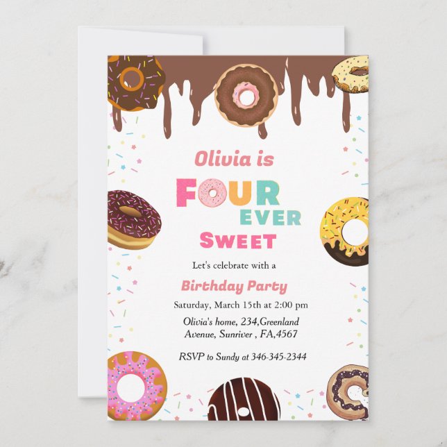 Invitación Cuatro cumpleaños dulces, dulce 4.ª temática de do (Anverso)