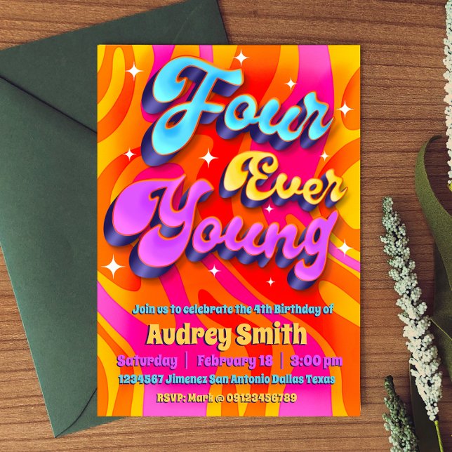 Invitación Cuatro cumpleaños jóvenes de siempre (Four Ever Young 4th Birthday Groovy Retro Invitation
)