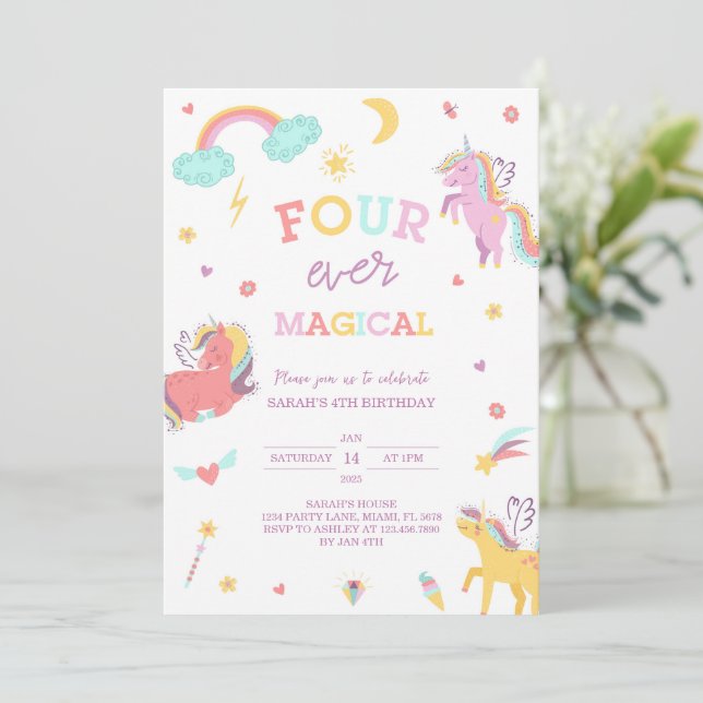 Invitación Cuatro cumpleaños mágicos de Unicornio (Anverso de pie)