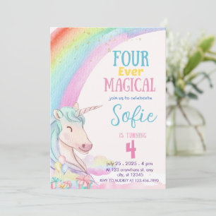 Invitación Cuatro cumpleaños mágicos, pastel unicornio