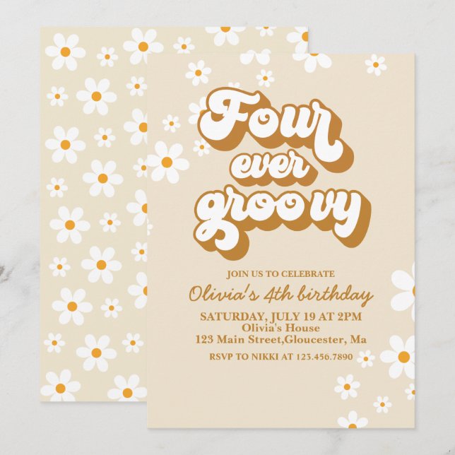 Invitación Cuatro días de cumpleaños de Groovy Retro Daisy (Anverso / Reverso)