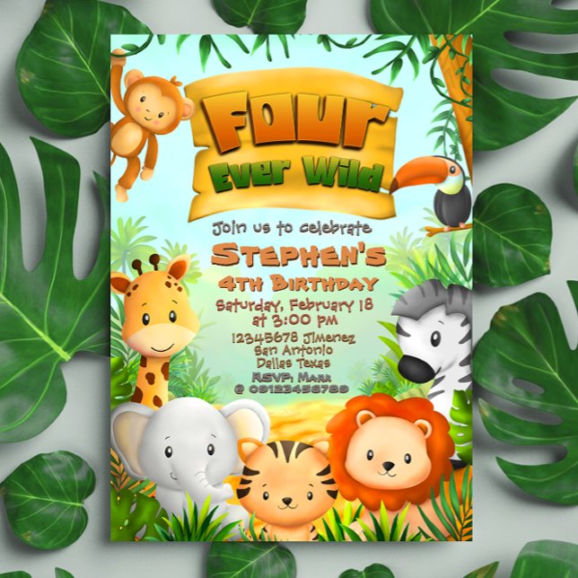 Invitación Cuatro días de vida salvajes de Safari (Four Ever Wild Safari 4th Birthday Invitation)