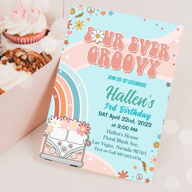 Invitación Cuatro días del arco iris del retro boho de Groovy (Subido por el creador)