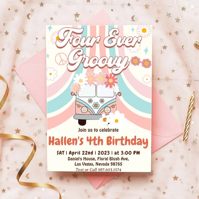 Invitación Cuatro días del arco iris del retro boho de Groovy (Subido por el creador)