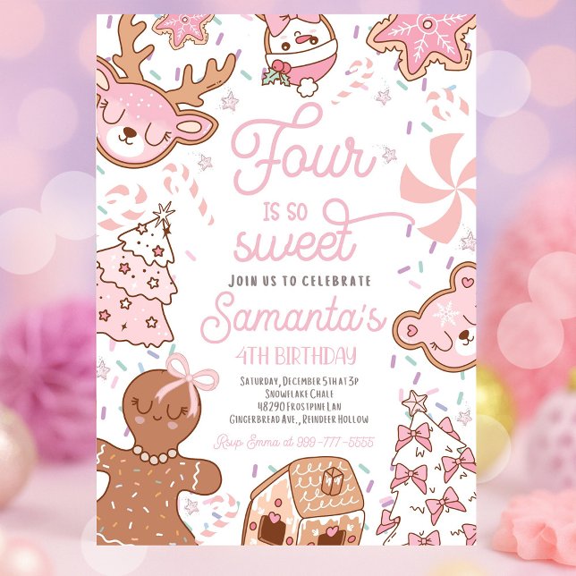 Invitación Cuatro es la fiesta de cumpleaños de Cookie para N (Four Is So Sweet girl Christmas cookie birthday party with festive holiday décor, dessert table, and)