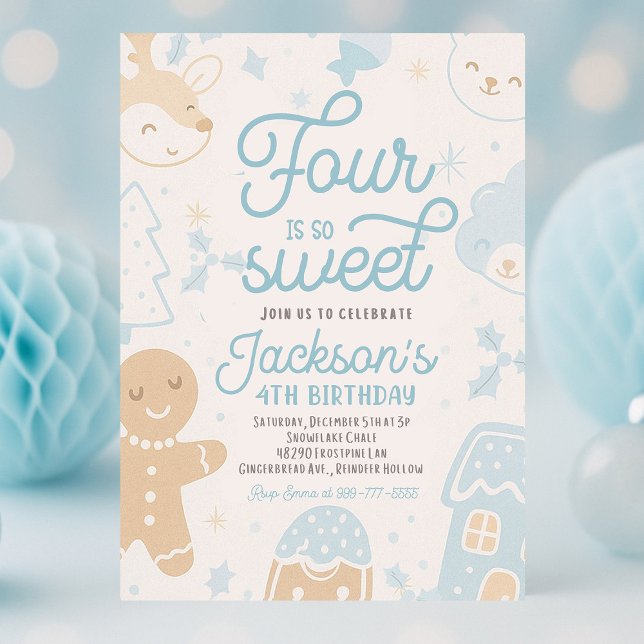 Invitación Cuatro es tan dulce Navidad Cookie Boy Cumpleaños (Four Is So Sweet Christmas cookie boy birthday invitation with festive holiday design, cookie illust)