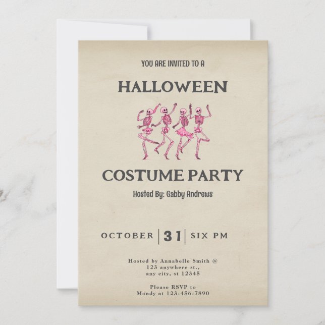 Invitación Cuatro esqueletos rosados bailando Halloween vinta (Anverso)