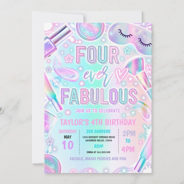 Invitación Cuatro Fabulosos Pastel Spa Maquillaje Cuarto Cump (Anverso)