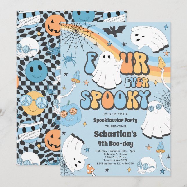 Invitación Cuatro Fantasma Halloween Groovy cumpleaños (Anverso / Reverso)