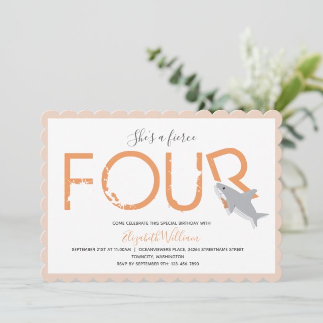 Invitación Cuatro feroces Naranjas de animales tiburones 4ª i (Anverso de pie)