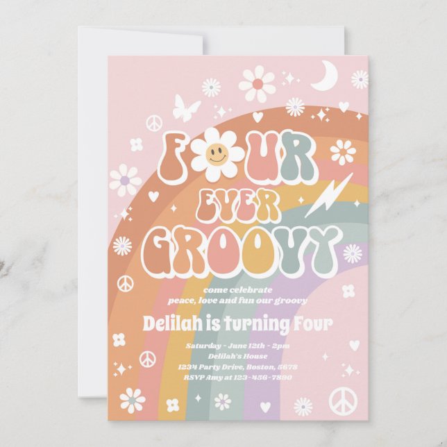 Invitación Cuatro Fiestas de cumpleaños de Groovy Hippie (Anverso)