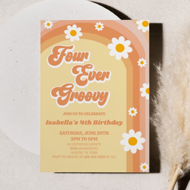 Invitación Cuatro Fiestas de cumpleaños de Groovy Retro Daisy (Subido por el creador)