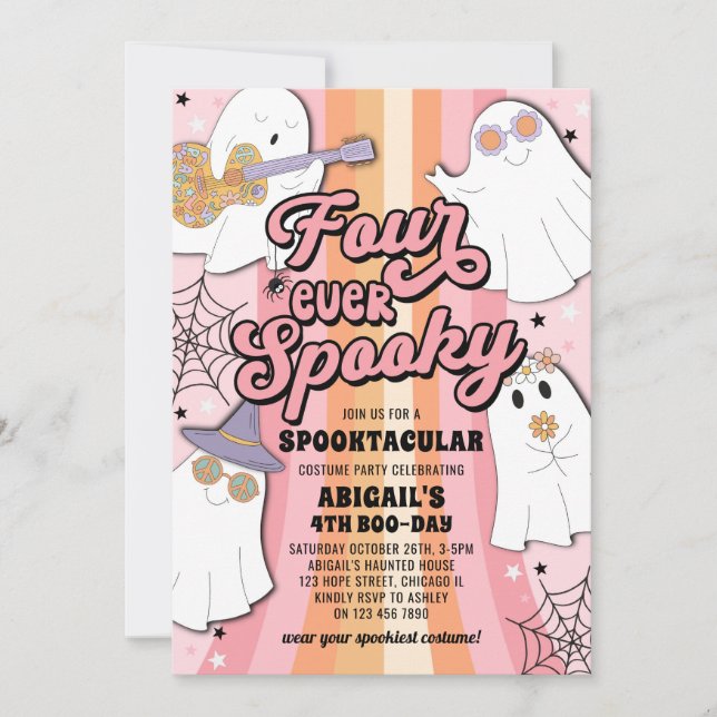Invitación Cuatro Fiestas de cumpleaños de Halloween rosa esp (Anverso)