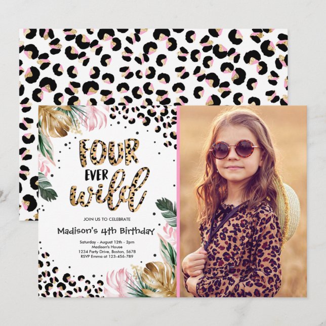 Invitación Cuatro Fiestas de cumpleaños de leopardo salvaje d (Anverso / Reverso)