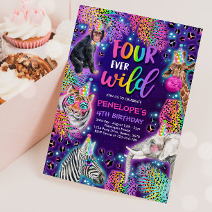 Invitación Cuatro fiestas de cumpleaños de Safari Neon Cheeta