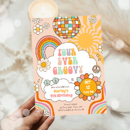 Invitación Cuatro Fiestas de siempre Groovy Retro 70 Aniversa