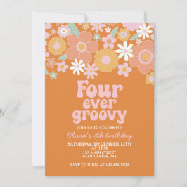 Invitación Cuatro Flores Retro Groovy de siempre cuarto cumpl