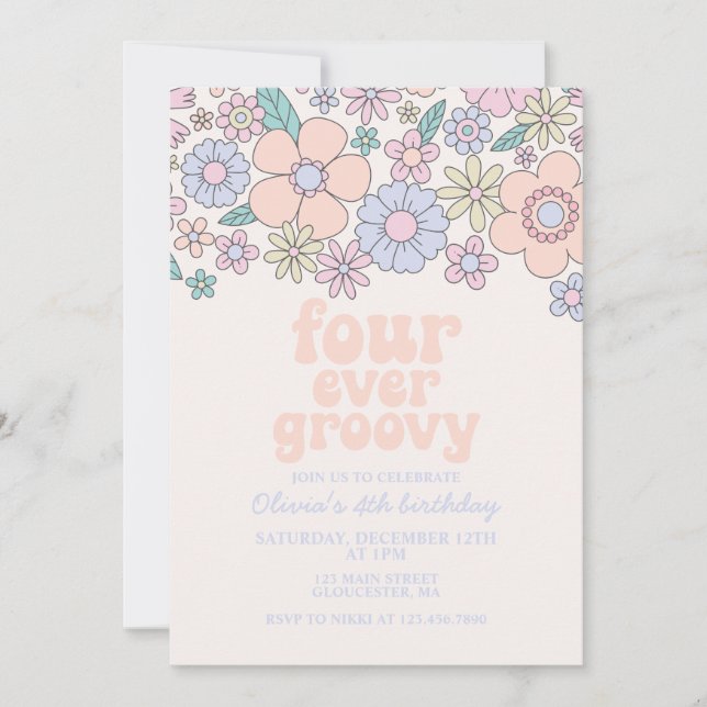 Invitación Cuatro Flores Retro Groovy de siempre cuarto cumpl (Anverso)