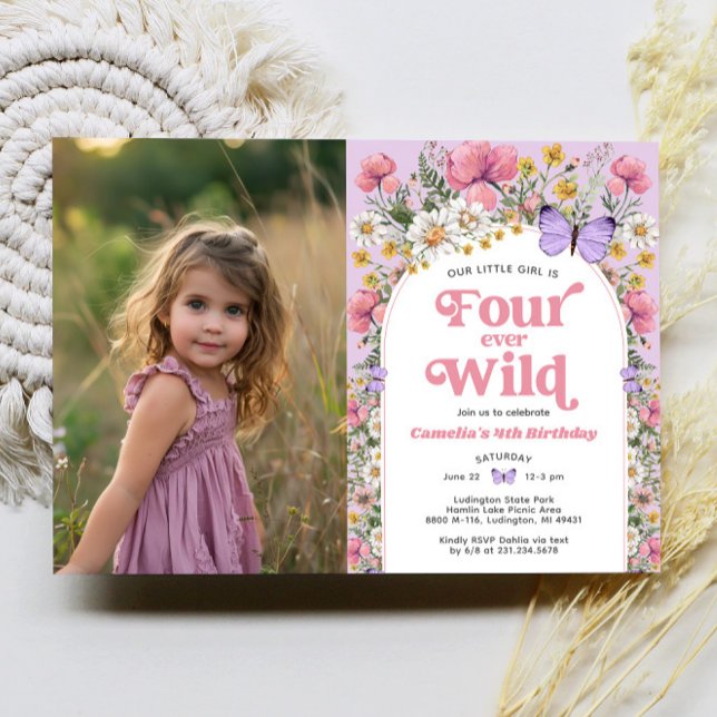 Invitación Cuatro flores silvestres de la vida silvestre foto (Four Ever Wild Butterfly Wildflower 4th Birthday Photo Invitation)