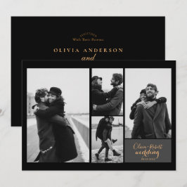 Invitación Cuatro Fotos Boda Moderna Negra y Dorada