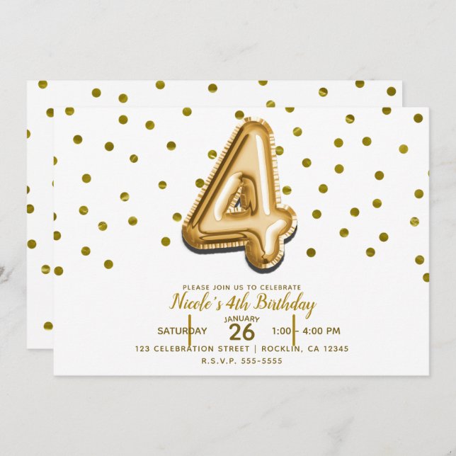 Invitación Cuatro Globos de Oro y Confetti Cuarto Fiesta de C (Anverso / Reverso)