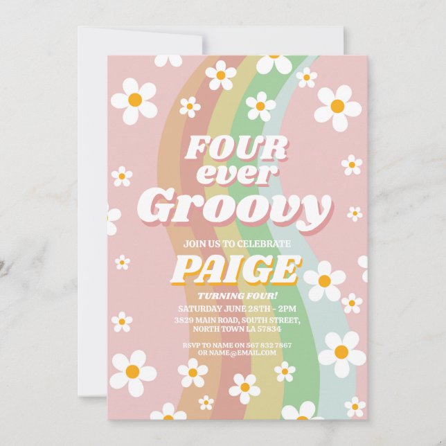 Invitación CUATRO Groovy 4º Chica Rosa Retro 1970 (Anverso)