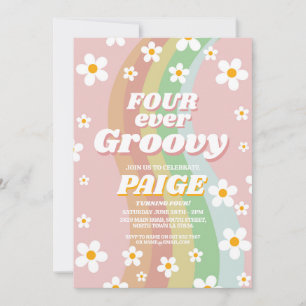 Invitación CUATRO Groovy 4º Chica Rosa Retro 1970