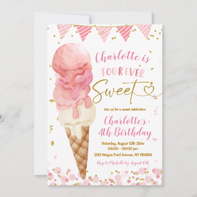 Invitación Cuatro helados rosados dulces por cuarto cumpleaño (Anverso)