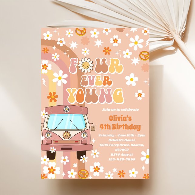 Invitación Cuatro jóvenes arcoiris retro cuatro cumpleaños (Subido por el creador)