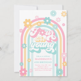 Invitación Cuatro jóvenes Boho Daisy Rainbow cuatro cumpleaño