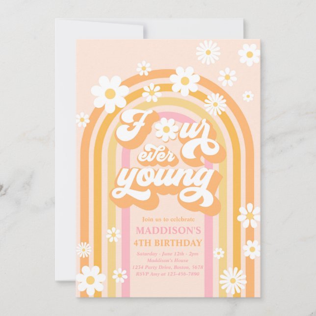 Invitación Cuatro jóvenes Boho Daisy Rainbow cuatro cumpleaño (Anverso)