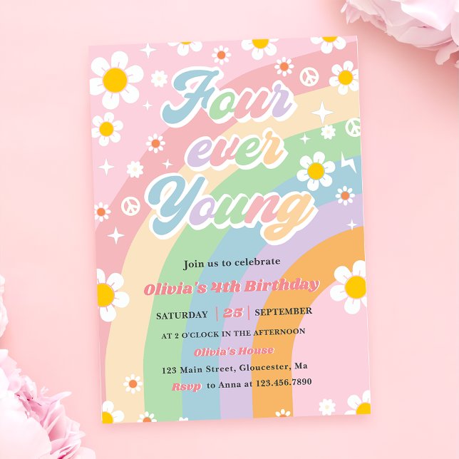 Invitación Cuatro jóvenes Groovy Daisy Rainbow cuarto cumplea (Subido por el creador)