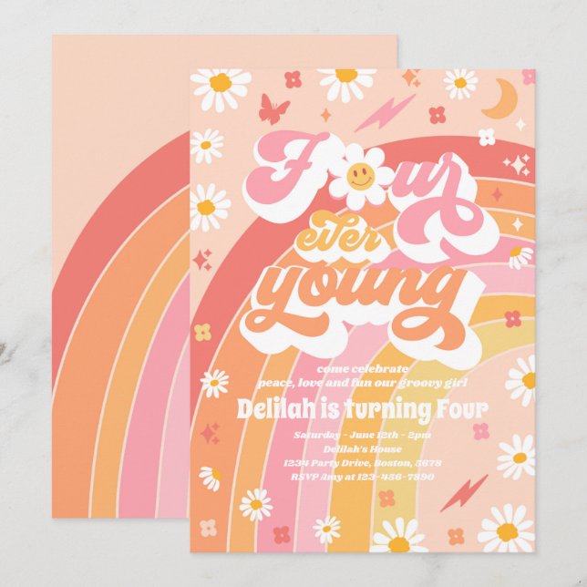 Invitación Cuatro jóvenes Groovy Rainbow cuarto Fiesta de cum (Anverso / Reverso)