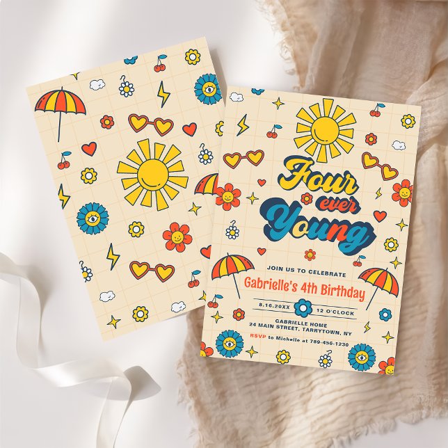 Invitación Cuatro jóvenes Groovy Retro Daisy 4º cumpleaños (Subido por el creador)