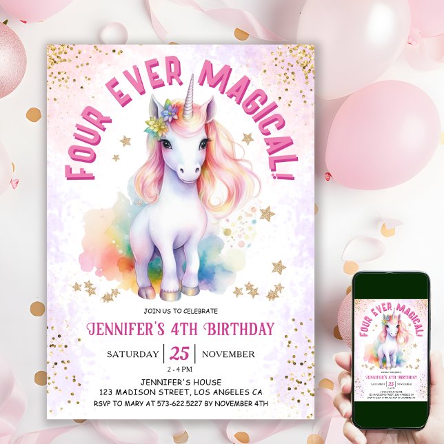 Invitación Cuatro mágicos de siempre | Fiesta de cumpleaños n (#UnicornBirthdayInvitation #UnicornBirthdayInvitationTemplate #UnicornBirthdayInvitationEditable )
