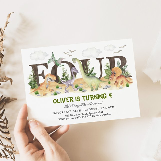Invitación CUATRO | Muchachos dinosaurios Cuarto Fiesta de cu (Subido por el creador)