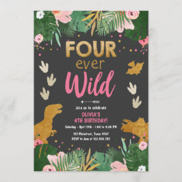 Invitación Cuatro nacidos de dinosaurios rosados Chica de Din