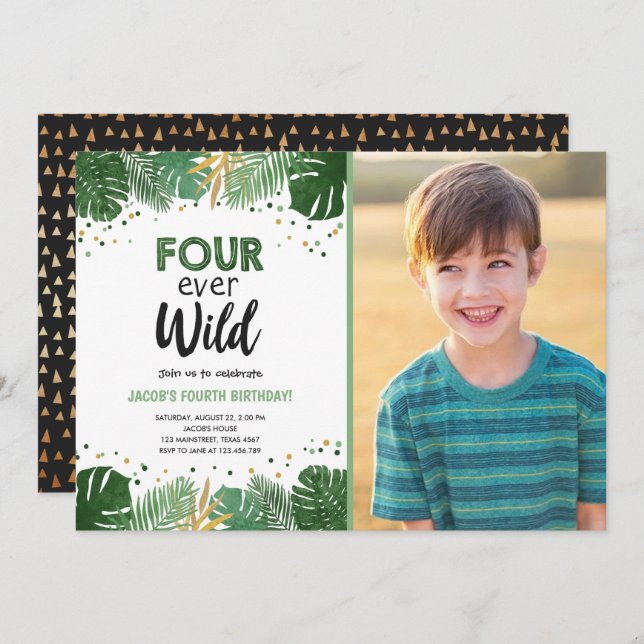 Invitación Cuatro nacidos de oro de Safari Tropical (Anverso / Reverso)