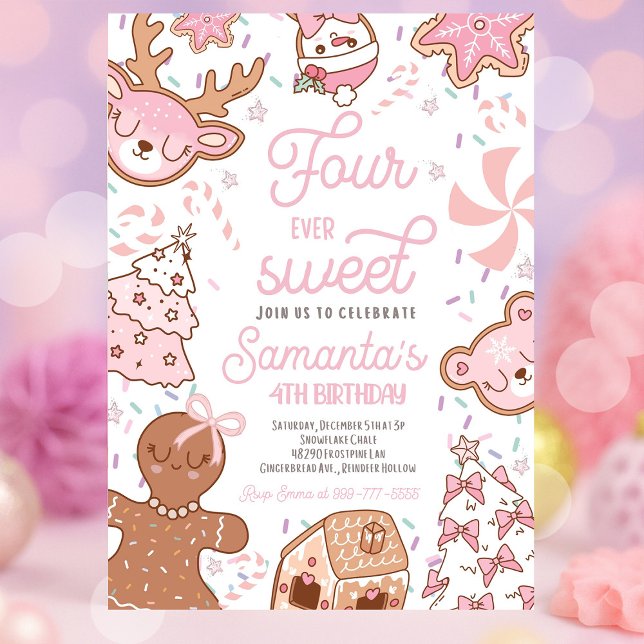 Invitación Cuatro Navidades dulces en la fiesta de cumpleaños (Four Ever Sweet themed Christmas cookie birthday party with festive décor, dessert table, and sweet )