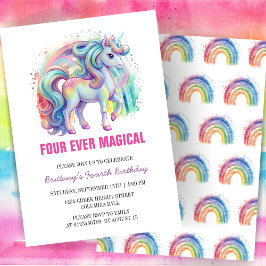 Invitación Cuatro Pastel Magnético de Unicornio Cuarto Cumple