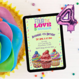 Invitación Cuatro por el amor al azúcar, pastelito cumpleaños