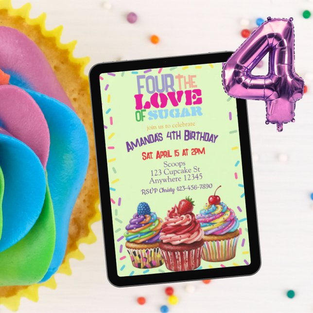 Invitación Cuatro por el amor al azúcar, pastelito cumpleaños (Subido por el creador)