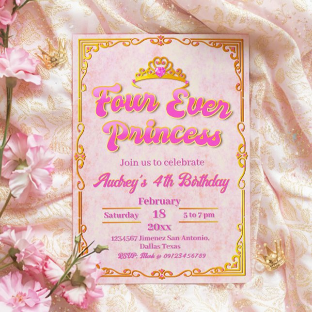 Invitación Cuatro princesas de siempre - cuarto cumpleaños Ch (Four Ever Princess - Girl 4th Birthday Invitation)