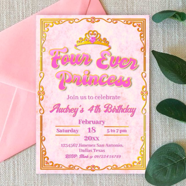 Invitación Cuatro princesas de siempre - cuarto cumpleaños Ch (Four Ever Princess - Girl 4th Birthday Invitation)