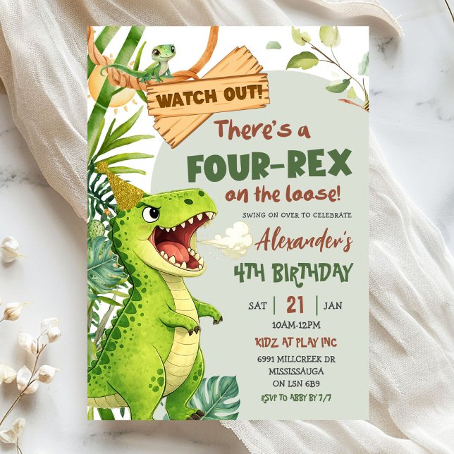 Invitación Cuatro Rex Verde Suelto Cuarto Cumpleaños (Subido por el creador)