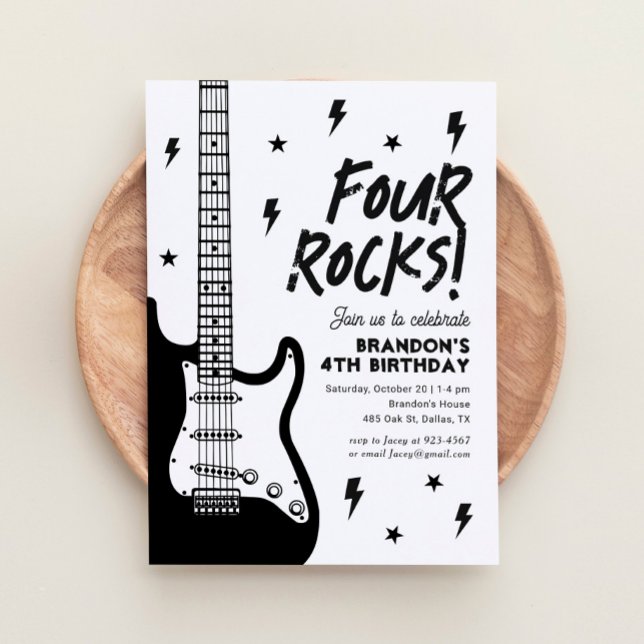 Invitación Cuatro Rocas Guitarra Rock y Roll Cuarto Cumpleaño (Subido por el creador)
